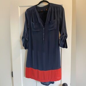 Navy and orange colour block shirt dress
